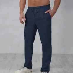 Outlet OUKU Men's Linen Pants Trousers Summer Pants Beach Pants Drawstring Elastic Waist Straight Leg Plain Comfort Outdoor Casual Daily Streetwear Stylish White Navy Blue
