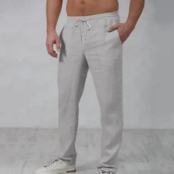Outlet OUKU Men's Linen Pants Trousers Summer Pants Beach Pants Drawstring Elastic Waist Straight Leg Plain Comfort Outdoor Casual Daily Streetwear Stylish White Navy Blue