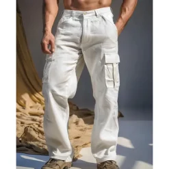 Sale OUKU Men's Linen Pants Trousers Summer Pants Multi Pocket Straight Leg Plain Comfort Breathable Full Length Outdoor Casual Daily Fashion Streetwear Black White
