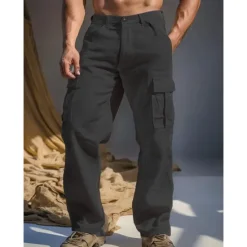 Sale OUKU Men's Linen Pants Trousers Summer Pants Multi Pocket Straight Leg Plain Comfort Breathable Full Length Outdoor Casual Daily Fashion Streetwear Black White