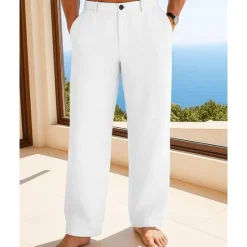 Best OUKU Men's Linen Pants Trousers Summer Pants Beach Pants Buttons Pocket Plain Comfort Breathable Vacation Daily Holiday Hawaiian Boho Black White
