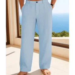 Best OUKU Men's Linen Pants Trousers Summer Pants Beach Pants Buttons Pocket Plain Comfort Breathable Vacation Daily Holiday Hawaiian Boho Black White