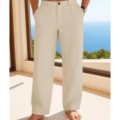 Best OUKU Men's Linen Pants Trousers Summer Pants Beach Pants Buttons Pocket Plain Comfort Breathable Vacation Daily Holiday Hawaiian Boho Black White