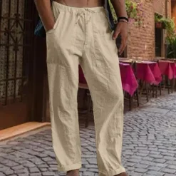 Online OUKU Men's Linen Pants Trousers Summer Pants Gauze Pants Drawstring Pocket Straight Leg Plain Comfort Breathable Full Length Outdoor Daily Streetwear Fashion Retro Vintage Black White