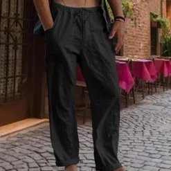 Online OUKU Men's Linen Pants Trousers Summer Pants Gauze Pants Drawstring Pocket Straight Leg Plain Comfort Breathable Full Length Outdoor Daily Streetwear Fashion Retro Vintage Black White