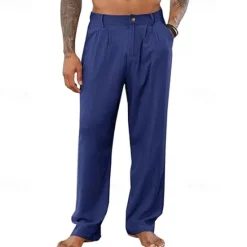 Clearance OUKU Men's Linen Pants Trousers Summer Pants Pleated Pants Buttons Straight Leg Plain Comfort Breathable Full Length Office Casual Daily Fashion Classic Style Black White