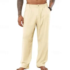 Clearance OUKU Men's Linen Pants Trousers Summer Pants Pleated Pants Buttons Straight Leg Plain Comfort Breathable Full Length Office Casual Daily Fashion Classic Style Black White