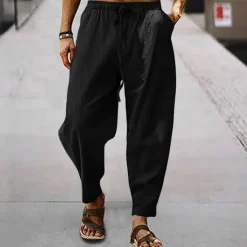 Online OUKU Men's Linen Pants Trousers Summer Pants Harem Pants Pocket Drawstring Elastic Waist Plain Comfort Breathable Full Length Outdoor Daily Holiday Fashion Classic Style Black White