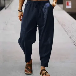 Online OUKU Men's Linen Pants Trousers Summer Pants Harem Pants Pocket Drawstring Elastic Waist Plain Comfort Breathable Full Length Outdoor Daily Holiday Fashion Classic Style Black White