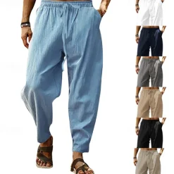 Online OUKU Men's Linen Pants Trousers Summer Pants Harem Pants Pocket Drawstring Elastic Waist Plain Comfort Breathable Full Length Outdoor Daily Holiday Fashion Classic Style Black White