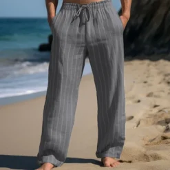 Hot OUKU Men's Linen Pants Trousers Summer Pants Drawstring Elastic Waist Straight Leg Stripe Comfort Breathable Outdoor Daily Going out Fashion Casual Sky Blue Khaki