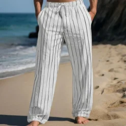 Hot OUKU Men's Linen Pants Trousers Summer Pants Drawstring Elastic Waist Straight Leg Stripe Comfort Breathable Outdoor Daily Going out Fashion Casual Sky Blue Khaki
