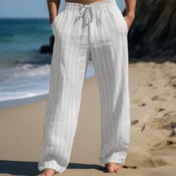 Hot OUKU Men's Linen Pants Trousers Summer Pants Drawstring Elastic Waist Straight Leg Stripe Comfort Breathable Outdoor Daily Going out Fashion Casual Sky Blue Khaki