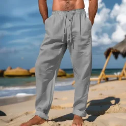 OUKU Men's Linen Pants Trousers Summer Pants Beach Pants Drawstring Elastic Waist Plain Comfort Breathable Full Length Daily Beach Fashion Simple Black White