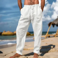 OUKU Men's Linen Pants Trousers Summer Pants Beach Pants Drawstring Elastic Waist Plain Comfort Breathable Full Length Daily Beach Fashion Simple Black White