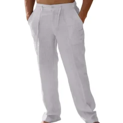 Best OUKU Men's Linen Pants Trousers Summer Pants Beach Pants Drawstring Elastic Waist Plain Breathable Soft Casual Daily Holiday Fashion Streetwear Black Khaki Micro-elastic
