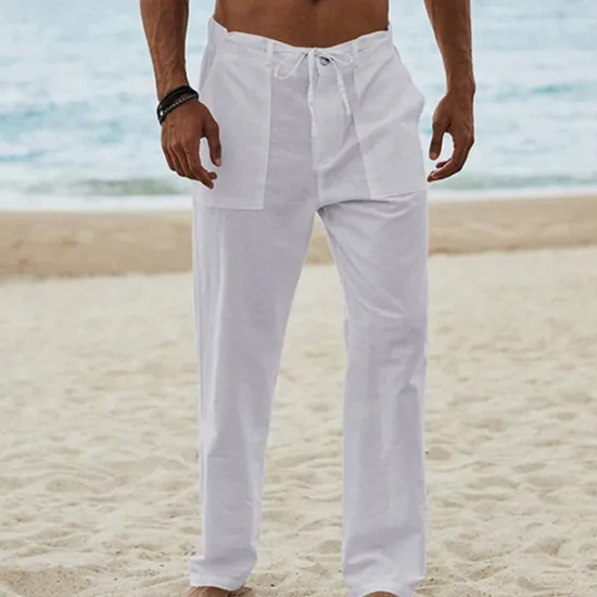 Best OUKU Men's Linen Pants Trousers Summer Pants Beach Pants Drawstring Elastic Waist Plain Breathable Soft Casual Daily Holiday Fashion Streetwear Black Khaki Micro-elastic