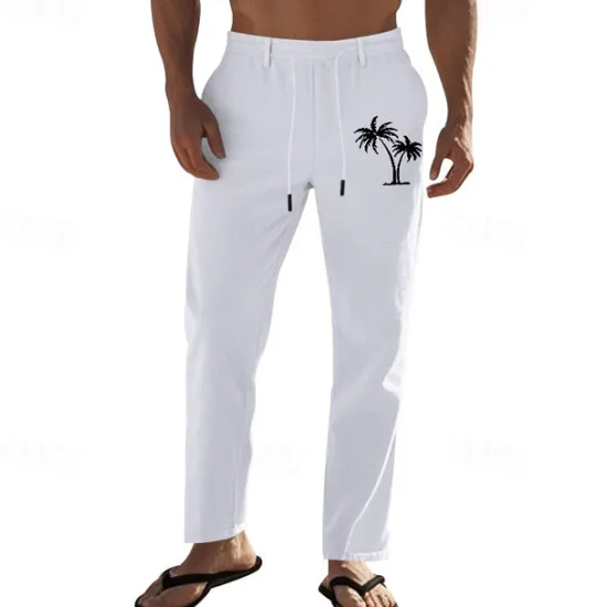 Discount OUKU Men's Linen Pants Trousers Summer Pants Beach Pants Pocket Drawstring Elastic Waist Coconut Tree Comfort Breathable Vacation Daily Holiday Hawaiian Boho Black White