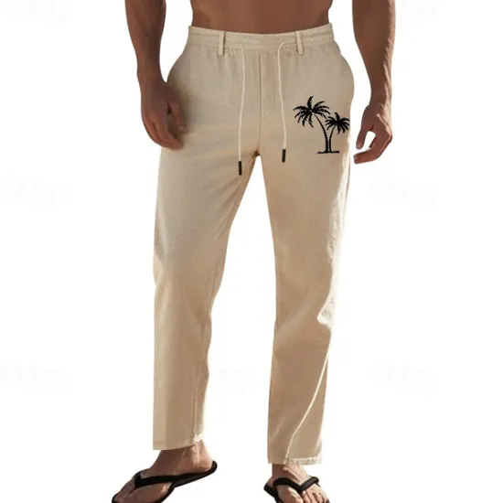 Discount OUKU Men's Linen Pants Trousers Summer Pants Beach Pants Pocket Drawstring Elastic Waist Coconut Tree Comfort Breathable Vacation Daily Holiday Hawaiian Boho Black White