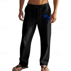 Discount OUKU Men's Linen Pants Trousers Summer Pants Beach Pants Pocket Drawstring Elastic Waist Coconut Tree Comfort Breathable Vacation Daily Holiday Hawaiian Boho Black White