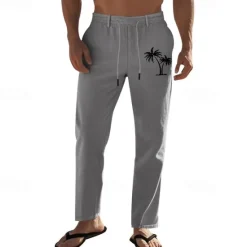 Discount OUKU Men's Linen Pants Trousers Summer Pants Beach Pants Pocket Drawstring Elastic Waist Coconut Tree Comfort Breathable Vacation Daily Holiday Hawaiian Boho Black White