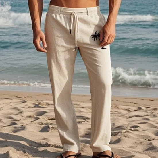 Discount OUKU Men's Linen Pants Trousers Summer Pants Beach Pants Pocket Drawstring Elastic Waist Coconut Tree Comfort Breathable Vacation Daily Holiday Hawaiian Boho Black White