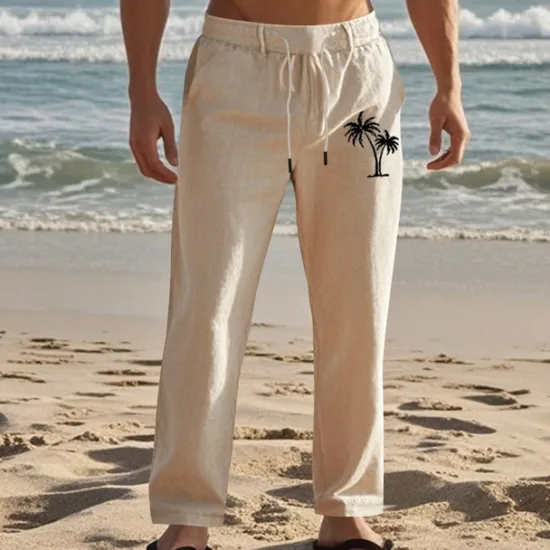 Discount OUKU Men's Linen Pants Trousers Summer Pants Beach Pants Pocket Drawstring Elastic Waist Coconut Tree Comfort Breathable Vacation Daily Holiday Hawaiian Boho Black White