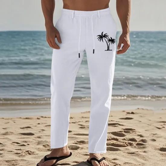 Discount OUKU Men's Linen Pants Trousers Summer Pants Beach Pants Pocket Drawstring Elastic Waist Coconut Tree Comfort Breathable Vacation Daily Holiday Hawaiian Boho Black White