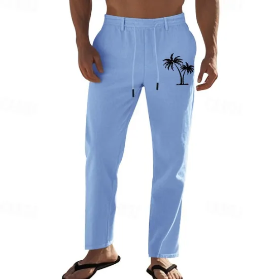 Discount OUKU Men's Linen Pants Trousers Summer Pants Beach Pants Pocket Drawstring Elastic Waist Coconut Tree Comfort Breathable Vacation Daily Holiday Hawaiian Boho Black White