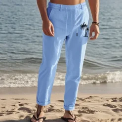 Discount OUKU Men's Linen Pants Trousers Summer Pants Beach Pants Pocket Drawstring Elastic Waist Coconut Tree Comfort Breathable Vacation Daily Holiday Hawaiian Boho Black White