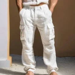 Clearance OUKU Men's Linen Pants Trousers Summer Pants Multi Pocket Straight Leg Plain Comfort Breathable Full Length Outdoor Daily Going out Fashion Streetwear Black White