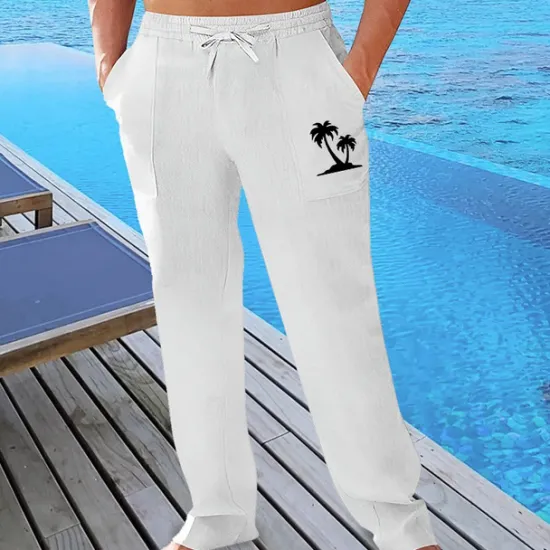 Outlet OUKU Men's Linen Pants Trousers Summer Pants Beach Pants Pocket Drawstring Elastic Waist Graphic Comfort Breathable Vacation Daily Holiday Hawaiian Boho turmeric Black
