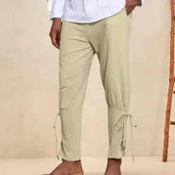Outlet OUKU Men's Linen Pants Trousers Summer Pants Beach Pants Pocket Drawstring Elastic Waist Plain Comfort Breathable Daily Holiday Vacation Hawaiian Boho ArmyGreen Black