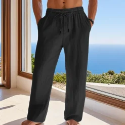 OUKU Men's Linen Pants Trousers Summer Pants Beach Pants Pocket Drawstring Elastic Waist Plain Comfort Breathable Vacation Daily Holiday Hawaiian Boho Black White