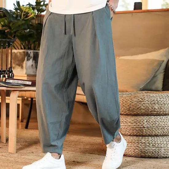 Discount OUKU Men's Linen Pants Trousers Summer Pants Beach Pants Pleated Pants Drawstring Elastic Waist Plain Comfort Outdoor Daily Holiday Fashion Casual Gray Green Black Inelastic