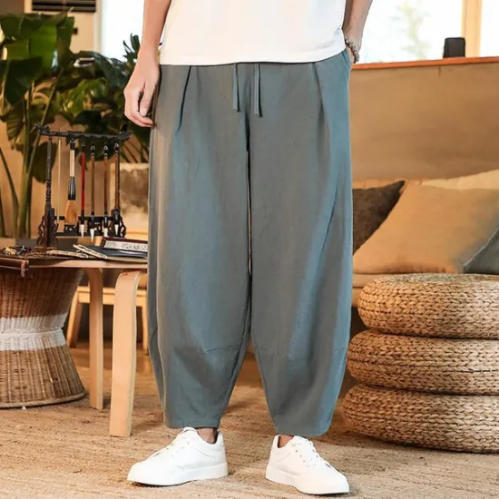 Discount OUKU Men's Linen Pants Trousers Summer Pants Beach Pants Pleated Pants Drawstring Elastic Waist Plain Comfort Outdoor Daily Holiday Fashion Casual Gray Green Black Inelastic