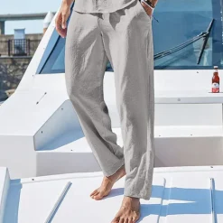 OUKU Men's Linen Pants Trousers Summer Pants Beach Pants Drawstring Elastic Waist Plain Comfort Breathable Outdoor Daily Going out Fashion Streetwear Black White