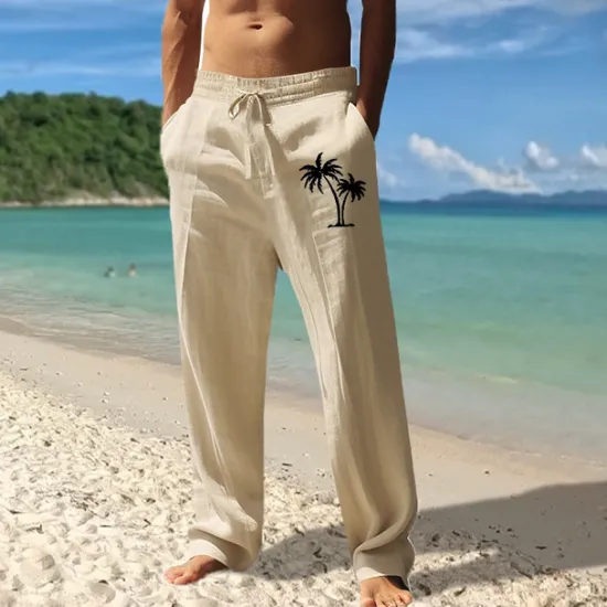 Best OUKU Men's Linen Pants Trousers Summer Pants Beach Pants Pocket Drawstring Elastic Waist Coconut Tree Comfort Breathable Vacation Daily Holiday Hawaiian Boho Black White