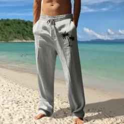 Best OUKU Men's Linen Pants Trousers Summer Pants Beach Pants Pocket Drawstring Elastic Waist Coconut Tree Comfort Breathable Vacation Daily Holiday Hawaiian Boho Black White