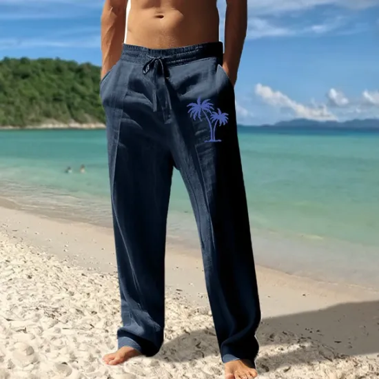 Best OUKU Men's Linen Pants Trousers Summer Pants Beach Pants Pocket Drawstring Elastic Waist Coconut Tree Comfort Breathable Vacation Daily Holiday Hawaiian Boho Black White