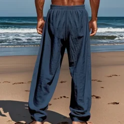 Best OUKU Men's Linen Pants Trousers Summer Pants Beach Pants Pocket Drawstring Elastic Waist Coconut Tree Comfort Breathable Vacation Daily Holiday Hawaiian Boho Black White