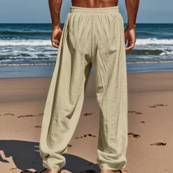 Best OUKU Men's Linen Pants Trousers Summer Pants Beach Pants Pocket Drawstring Elastic Waist Coconut Tree Comfort Breathable Vacation Daily Holiday Hawaiian Boho Black White