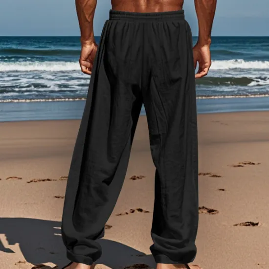 Best OUKU Men's Linen Pants Trousers Summer Pants Beach Pants Pocket Drawstring Elastic Waist Coconut Tree Comfort Breathable Vacation Daily Holiday Hawaiian Boho Black White