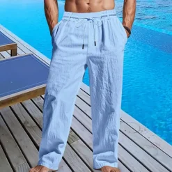 Sale OUKU Men's Linen Pants Trousers Summer Pants Beach Pants Pocket Drawstring Elastic Waist Plain Comfort Breathable Vacation Daily Holiday Hawaiian Boho Black White