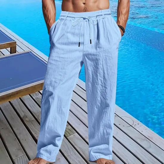 Sale OUKU Men's Linen Pants Trousers Summer Pants Beach Pants Pocket Drawstring Elastic Waist Plain Comfort Breathable Vacation Daily Holiday Hawaiian Boho Black White