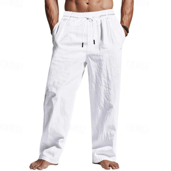 Sale OUKU Men's Linen Pants Trousers Summer Pants Beach Pants Pocket Drawstring Elastic Waist Plain Comfort Breathable Vacation Daily Holiday Hawaiian Boho Black White