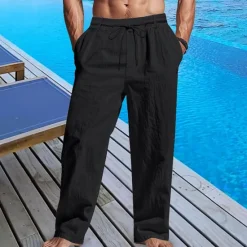 Sale OUKU Men's Linen Pants Trousers Summer Pants Beach Pants Pocket Drawstring Elastic Waist Plain Comfort Breathable Vacation Daily Holiday Hawaiian Boho Black White