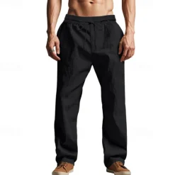 Sale OUKU Men's Linen Pants Trousers Summer Pants Beach Pants Pocket Drawstring Elastic Waist Plain Comfort Breathable Vacation Daily Holiday Hawaiian Boho Black White