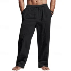 Sale OUKU Men's Linen Pants Trousers Summer Pants Beach Pants Pocket Drawstring Elastic Waist Plain Comfort Breathable Vacation Daily Holiday Hawaiian Boho Black White