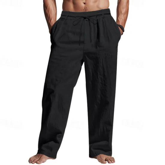 Sale OUKU Men's Linen Pants Trousers Summer Pants Beach Pants Pocket Drawstring Elastic Waist Plain Comfort Breathable Vacation Daily Holiday Hawaiian Boho Black White